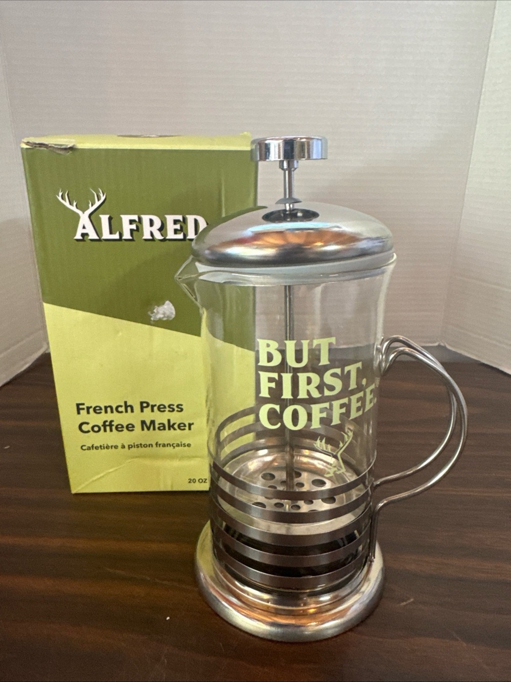 Alfred But First Coffee French Press Coffee Maker 20 oz Glass Metal New in Box